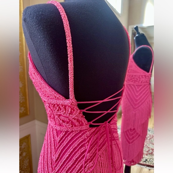 Splendid V-neckline Frilled Bodycon Tea-length Dress by Jovani Hot Pink Size 6 - Picture 13 of 15